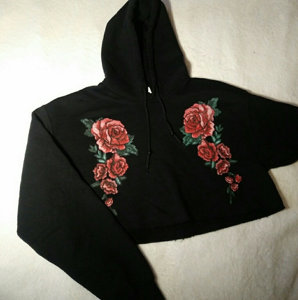 Black Cropped Hoodie with Rose Accents